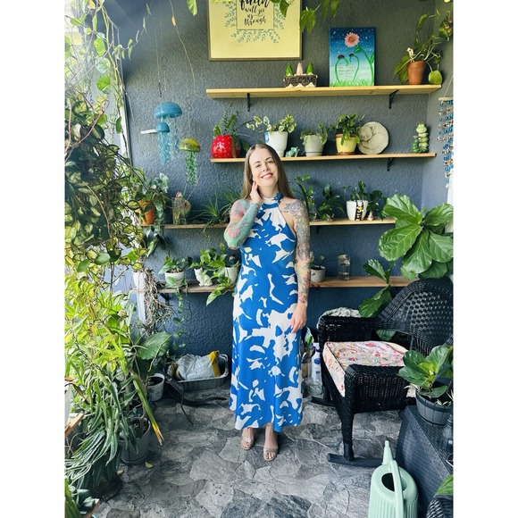 Donna Karan Women's Halter-Neck Sleeveless Midi Blue/White Dress 2 Silk - Picture 2 of 8